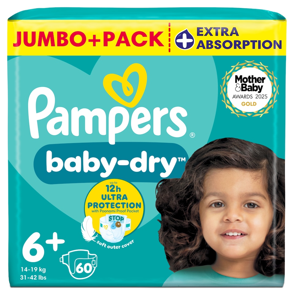 image 1 of Pampers Baby-Dry Size 6+, 60 Nappies, 14kg-19kg, Jumbo+ Pack
