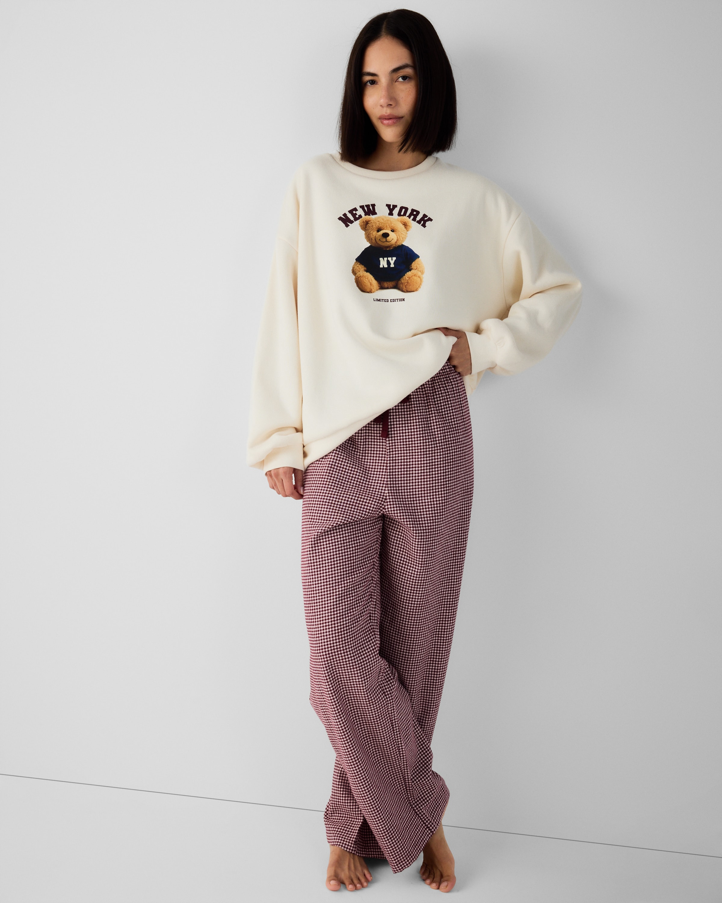 F&F Cotton Rich Teddy Bear Checked Pyjama Set in Cream