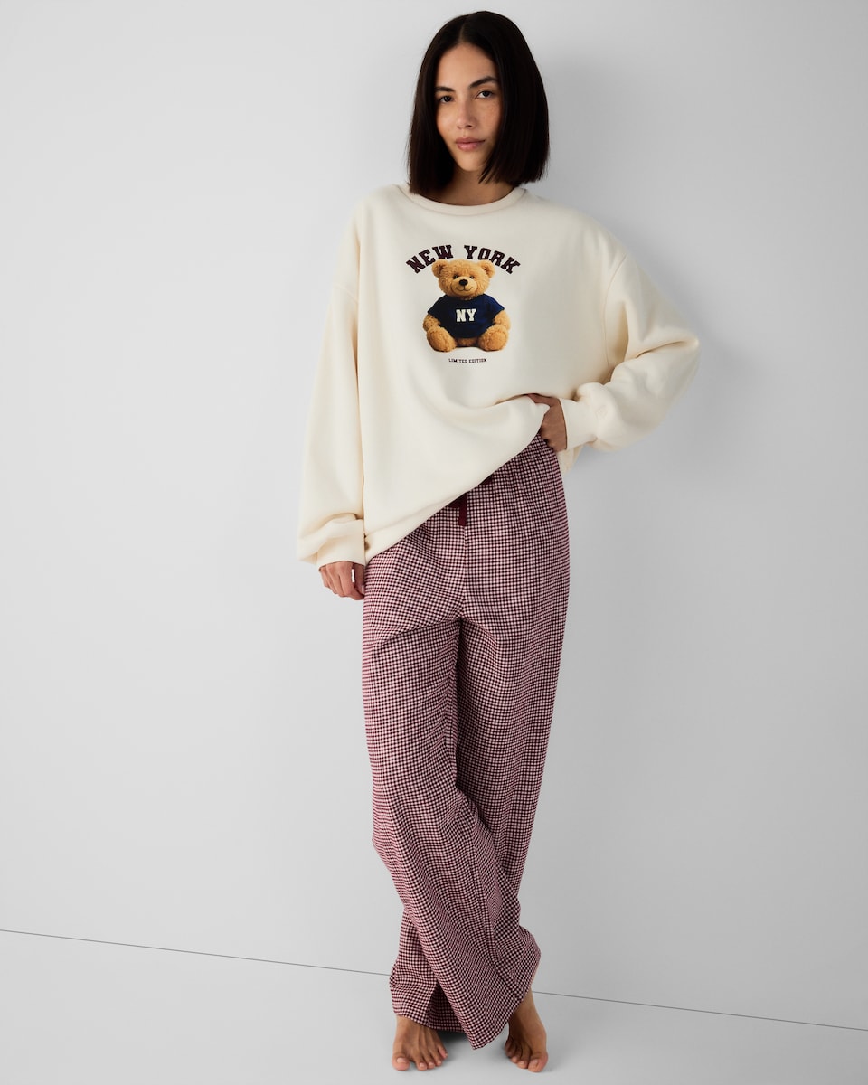 image 1 of F&F Cotton Rich Teddy Bear Checked Pyjama Set in Cream