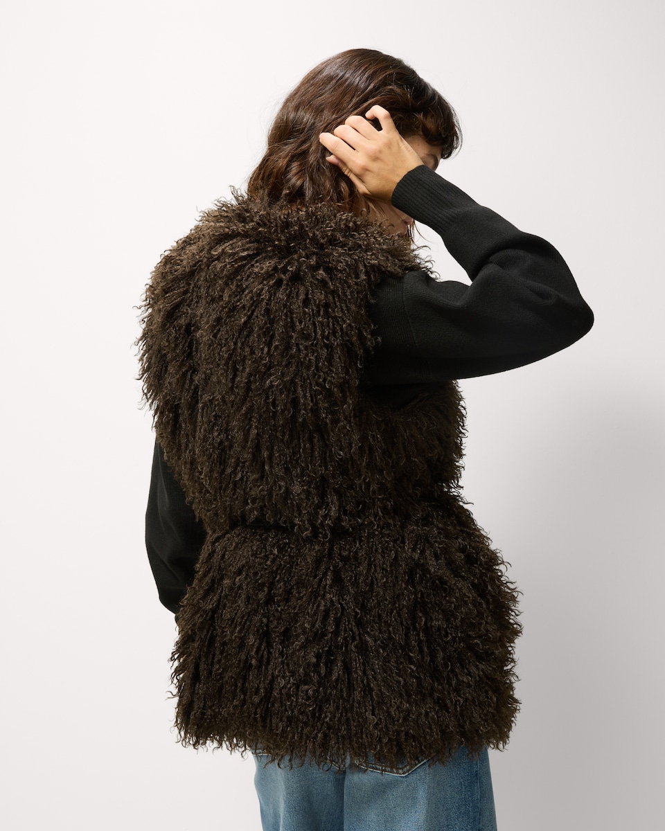image 1 of F&F Crinkle Faux Fur Gilet in Brown