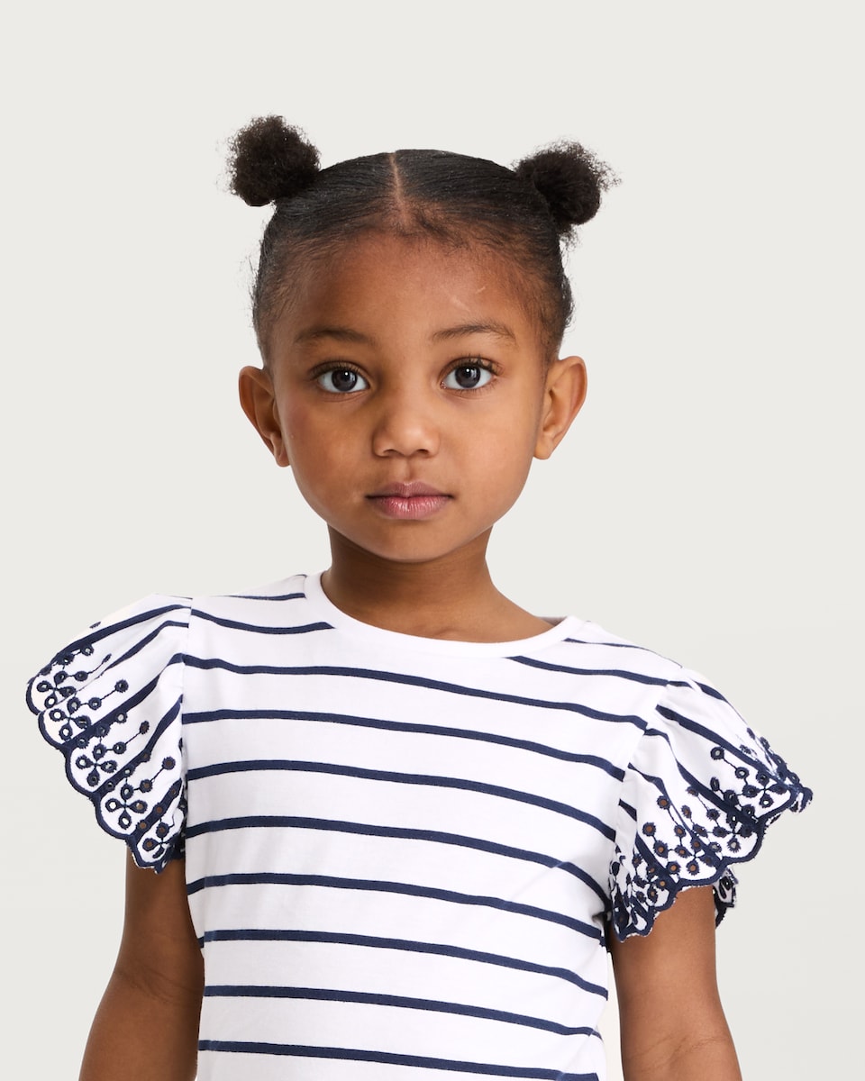 image 1 of F&F Girls 3-Pack Broderie Sleeve T-Shirts in Multi Blue