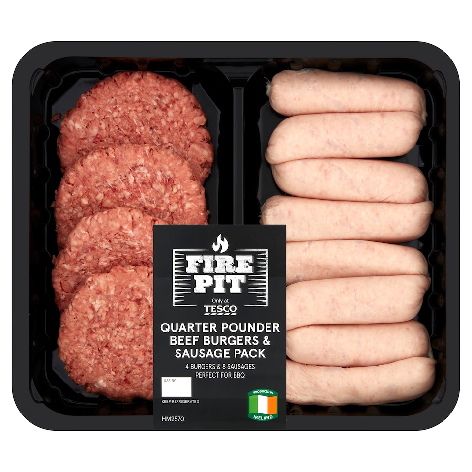 Tesco Fire Pit Quarter Pounder Beef Burgers And Sausages Pack 908G