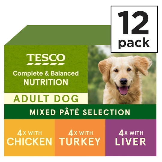 Tesco Adult Dog 12 Pate Selection Chicken Turkey Liver 1.8Kg Tesco