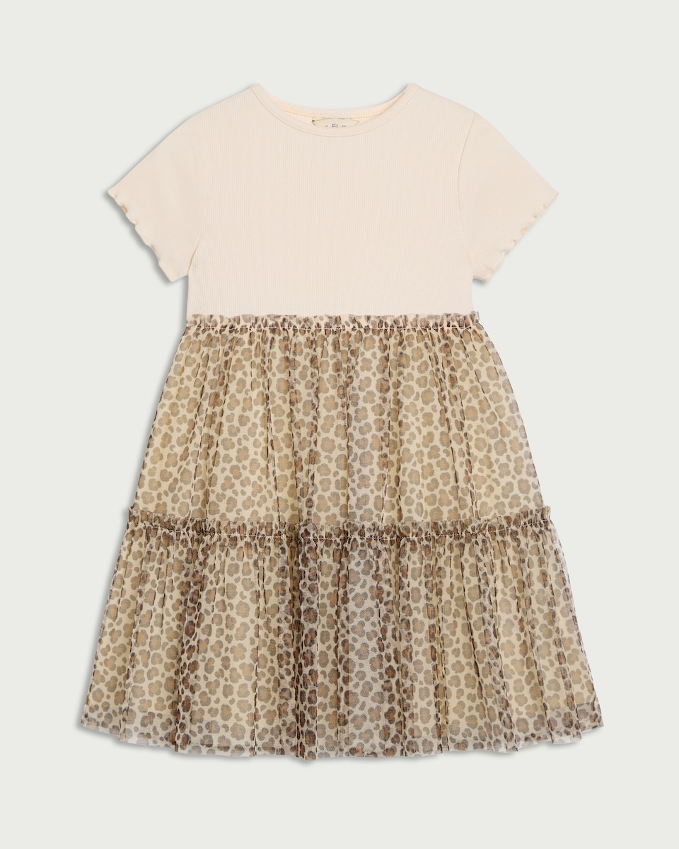 image 1 of F&F Girls Leopard Print Tiered Dress in Multi Brown