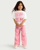 image 1 of F&F Girls 2-Piece Cotton Rich Bow Print T-Shirt and Striped Trousers Set in Multi Pink