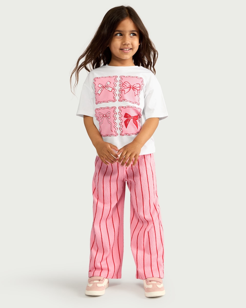 image 1 of F&F Girls 2-Piece Cotton Rich Bow Print T-Shirt and Striped Trousers Set in Multi Pink
