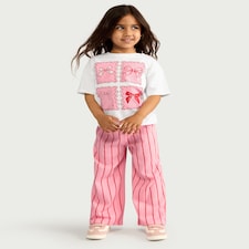 F&F Girls 2-Piece Cotton Rich Bow Print T-Shirt and Striped Trousers Set in Multi Pink