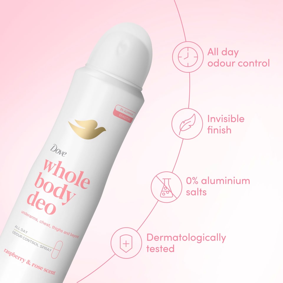 image 1 of Dove Raspberry & Rose Scent Whole Body Aerosol Deodorant 150ml 