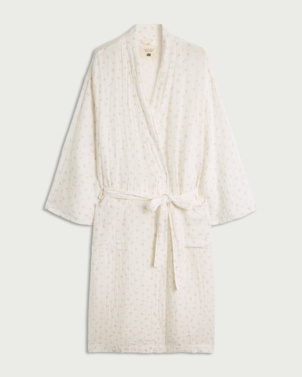 image 1 of F&F Pure Cotton Floral Print Dressing Gown in Multi White