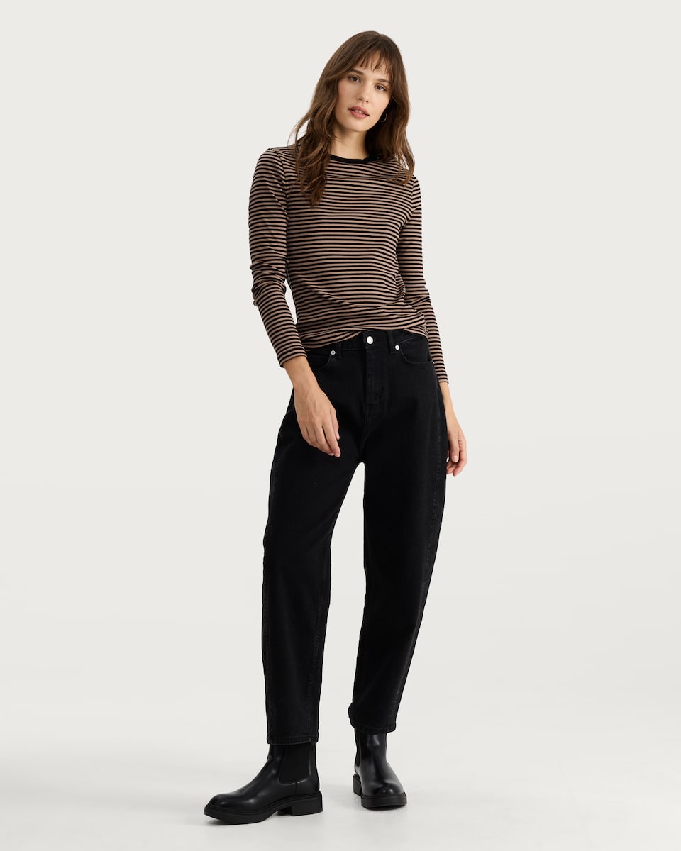 image 1 of F&F Cotton Rich Stripe Print Long Sleeved Top in Multi Black