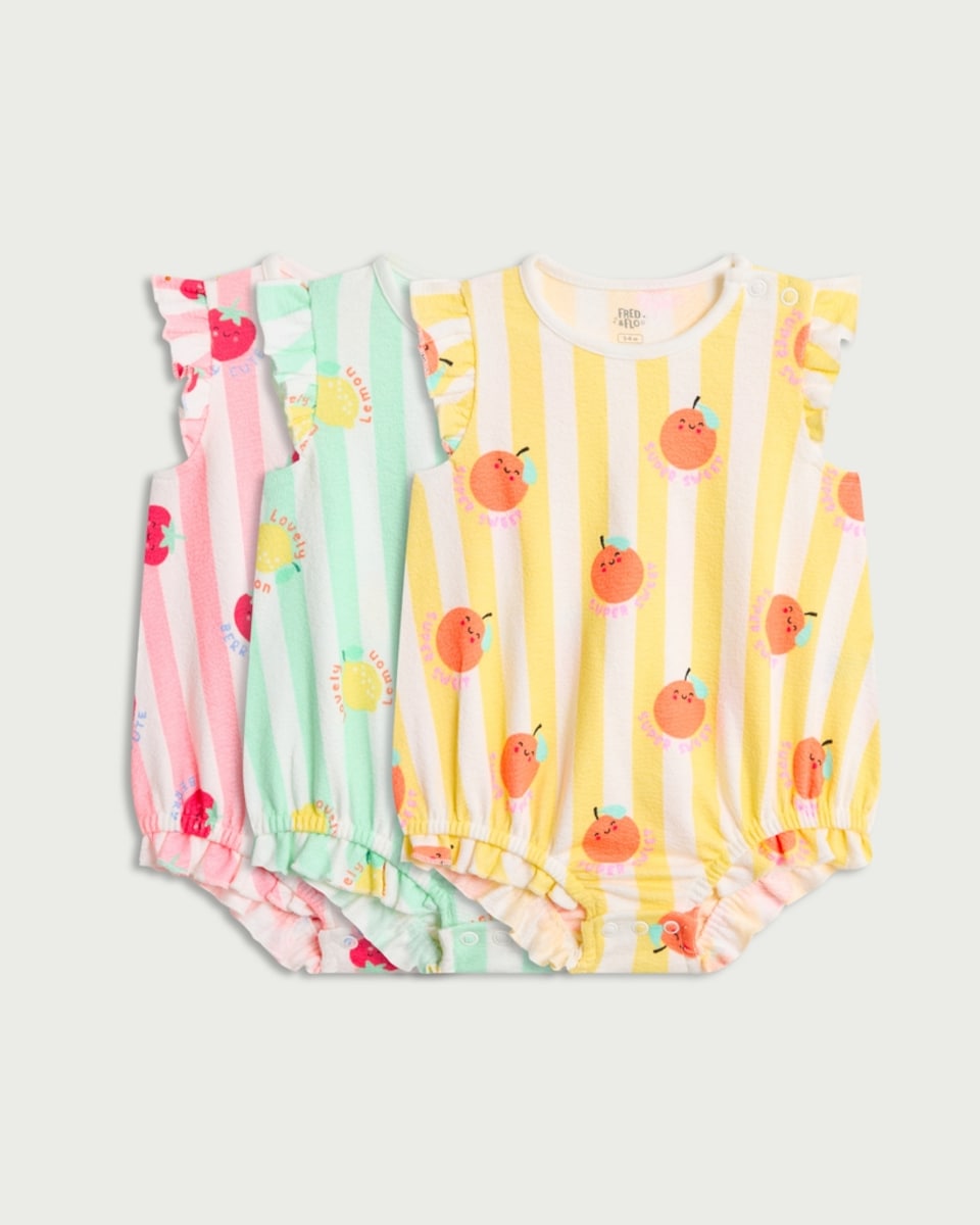 image 1 of F&F Baby 3-Pack Pure Cotton Fruit Print Frill Sleeved Rompers in Multi