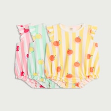 F&F Baby 3-Pack Pure Cotton Fruit Print Frill Sleeved Rompers in Multi
