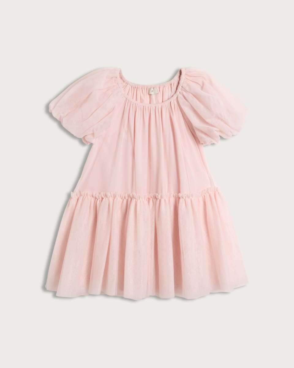 image 1 of F&F Girls Tiered Puff Sleeved Dress in Pink