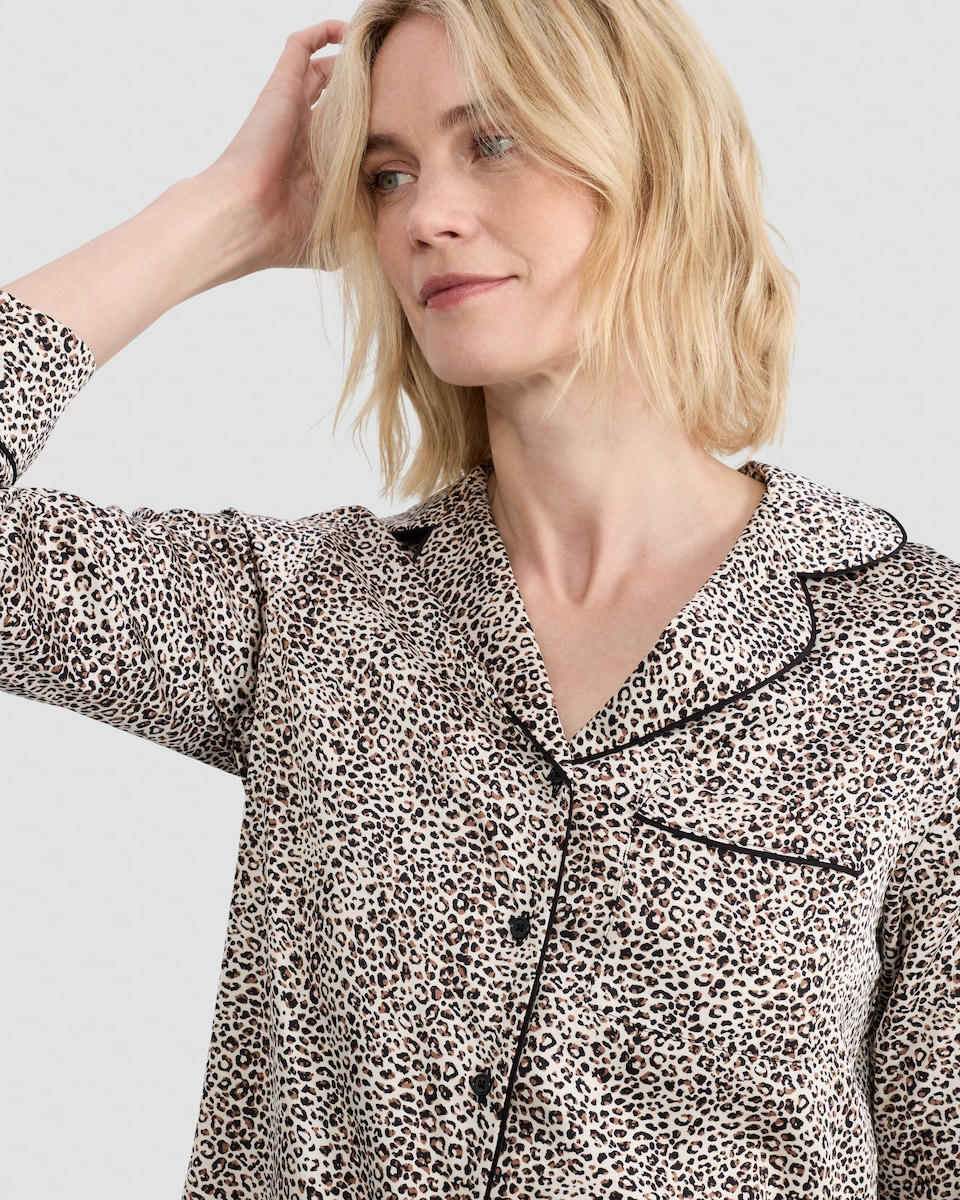 image 1 of F&F CoolEase™ Satin Leopard Print Revere Pyjamas in Multi Brown