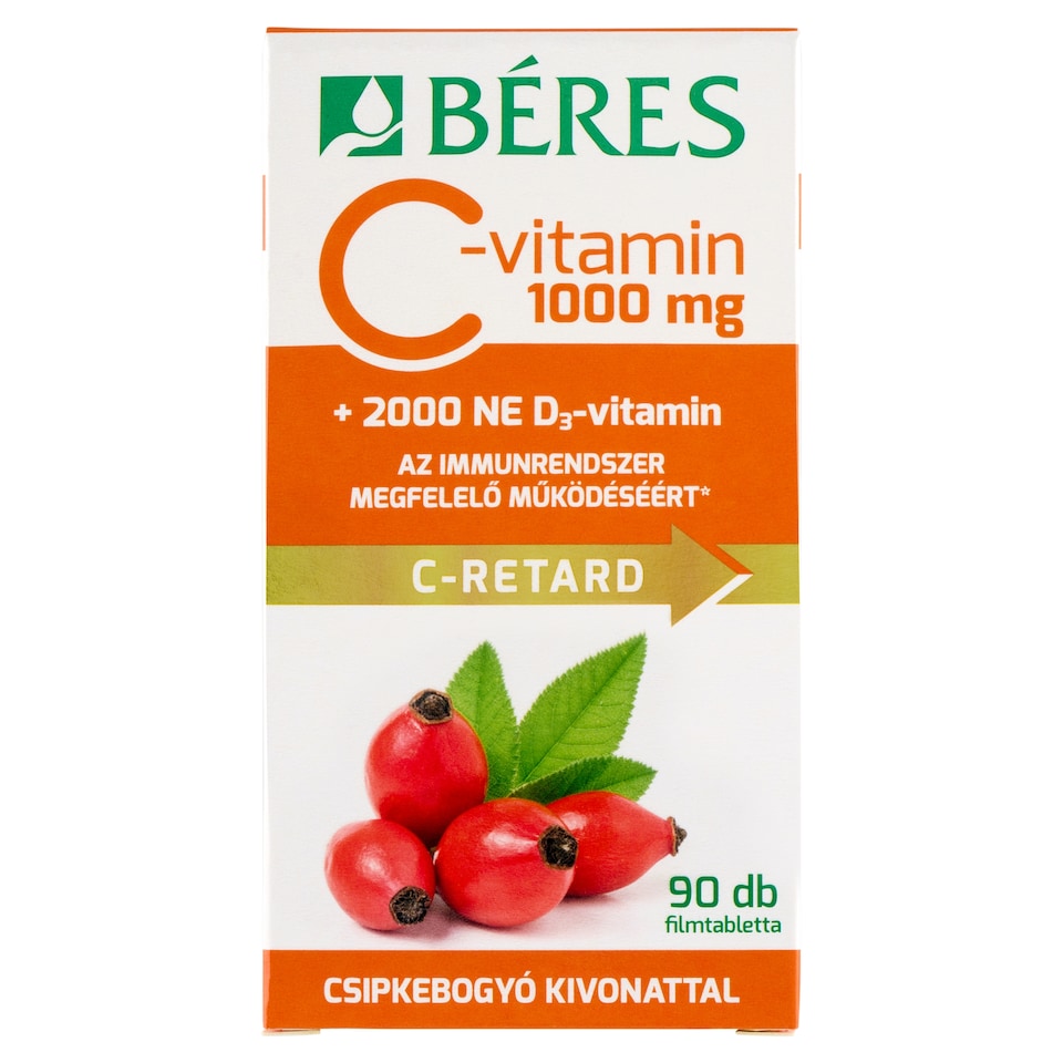 Béres C-Retard C-vitamin 1000 mg+2000 NE D₃-vitamin filmtabletta csipkebogyó kivonattal 90 x 1,425 g  1. kép