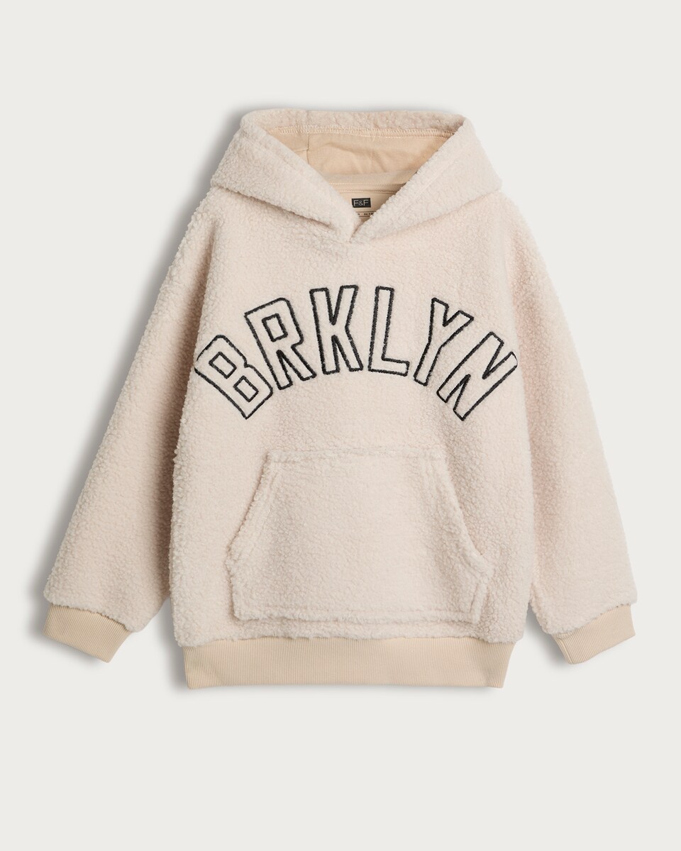 F&F Boys Borg Textured BRKLYN Slogan Hoodie in Cream