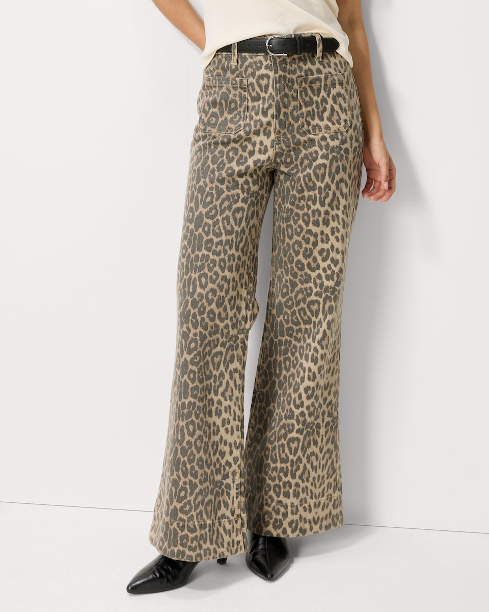 image 1 of F&F High Rise Leopard Print Flared Jeans in Brown