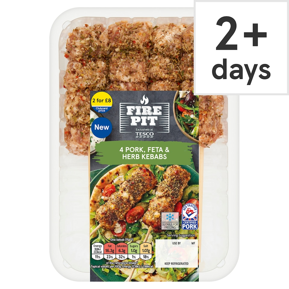 Tesco Fire Pit 4 Pork, Feta & Herb Kebabs 400G