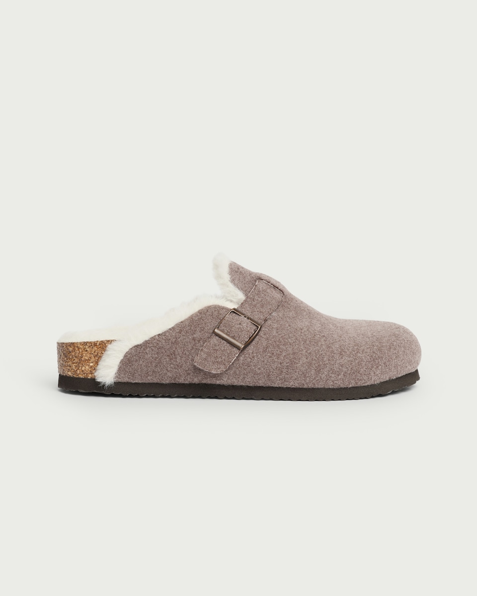 image 1 of F&F Faux Fur Lined Buckle Mule Slippers in Mink