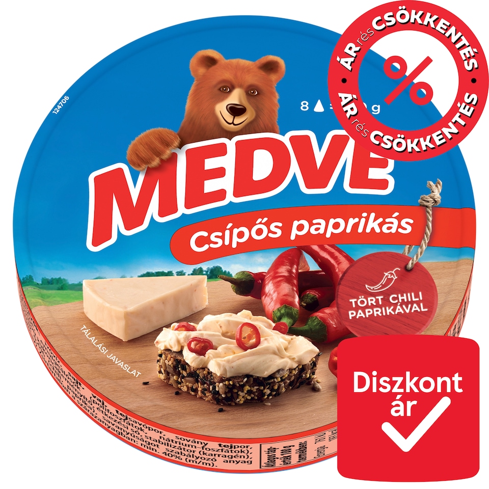 Medve Semi-Fat Processed Cheese Spread with Hot Paprika 8 x 17,5 g (140 g)