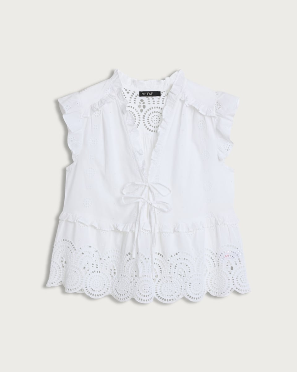 image 1 of F&F Pure Cotton Broderie Sleeveless Blouse in White