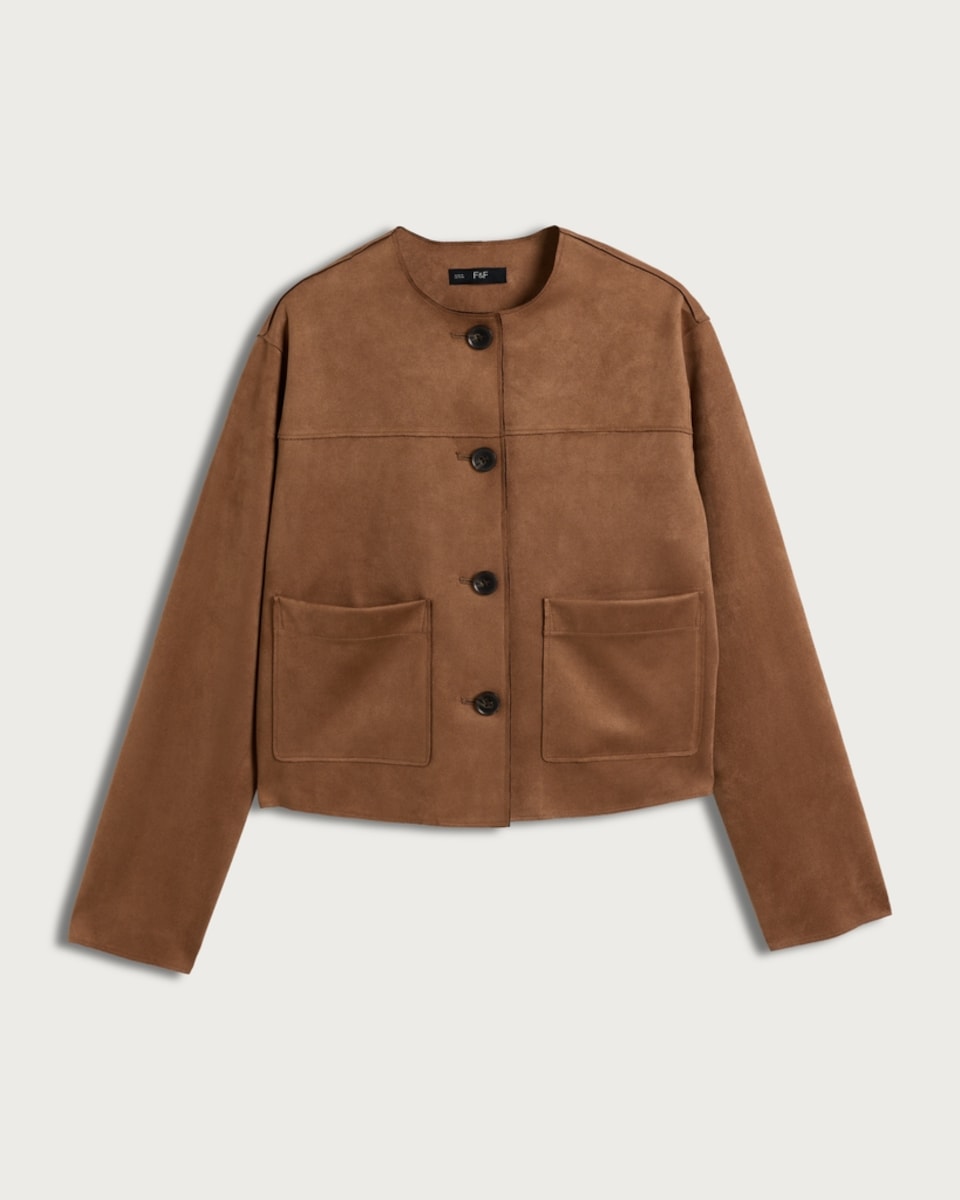 image 1 of F&F Faux Suede Collarless Cropped Jacket in Brown