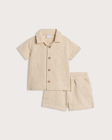 F&F Baby 2-Piece Pure Cotton Embroidered Shirt and Shorts Set in Stone