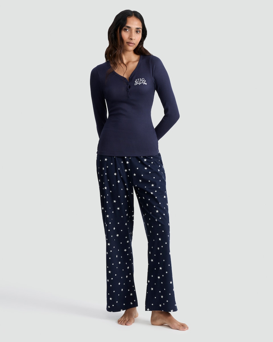 image 1 of F&F Textured Star Print Top and Bottoms Pyjamas in Navy