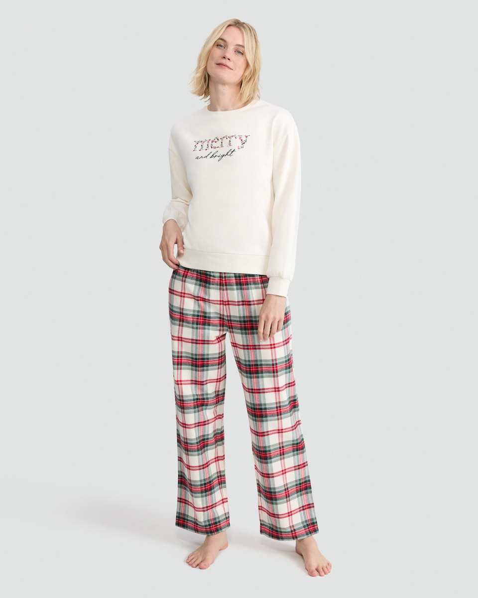 image 1 of F&F Cotton Rich Merry and Bright Sweatshirt and Trousers Pyjama Set in Green