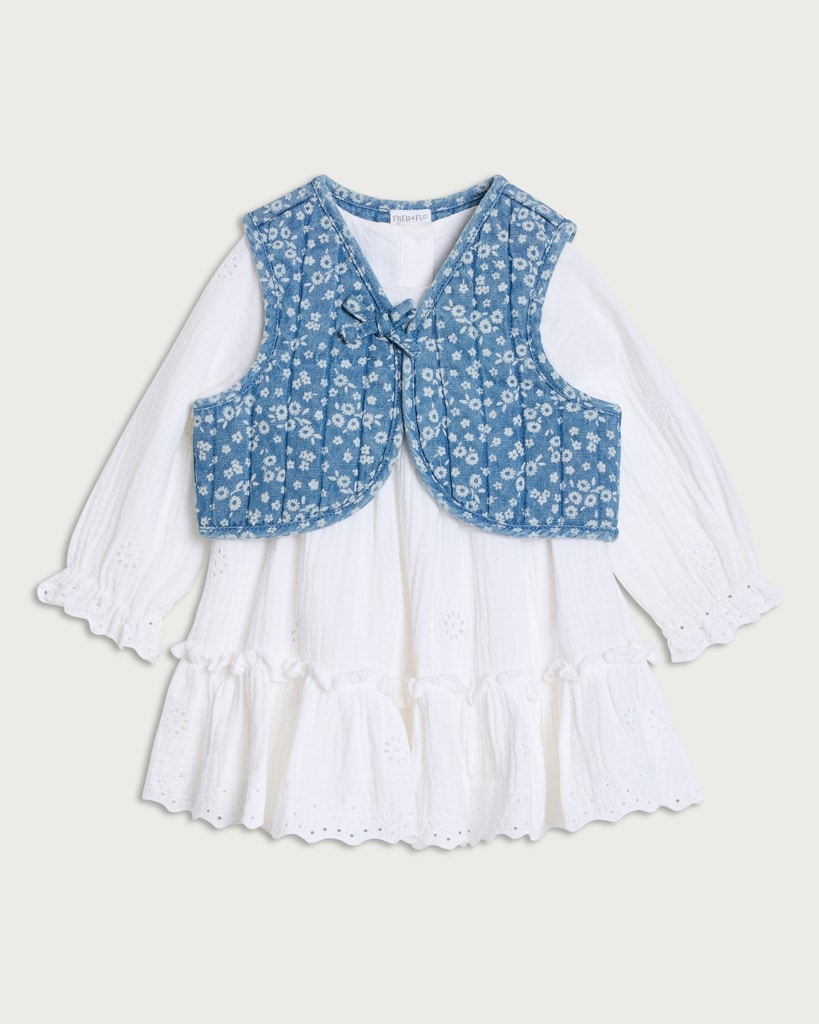 F&F Baby 2-Piece Pure Cotton Dress and Floral Waistcoat in White