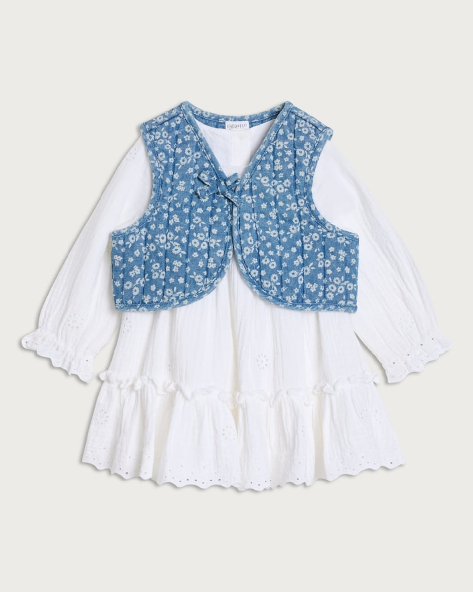 F&F Baby 2-Piece Pure Cotton Dress and Floral Waistcoat in White