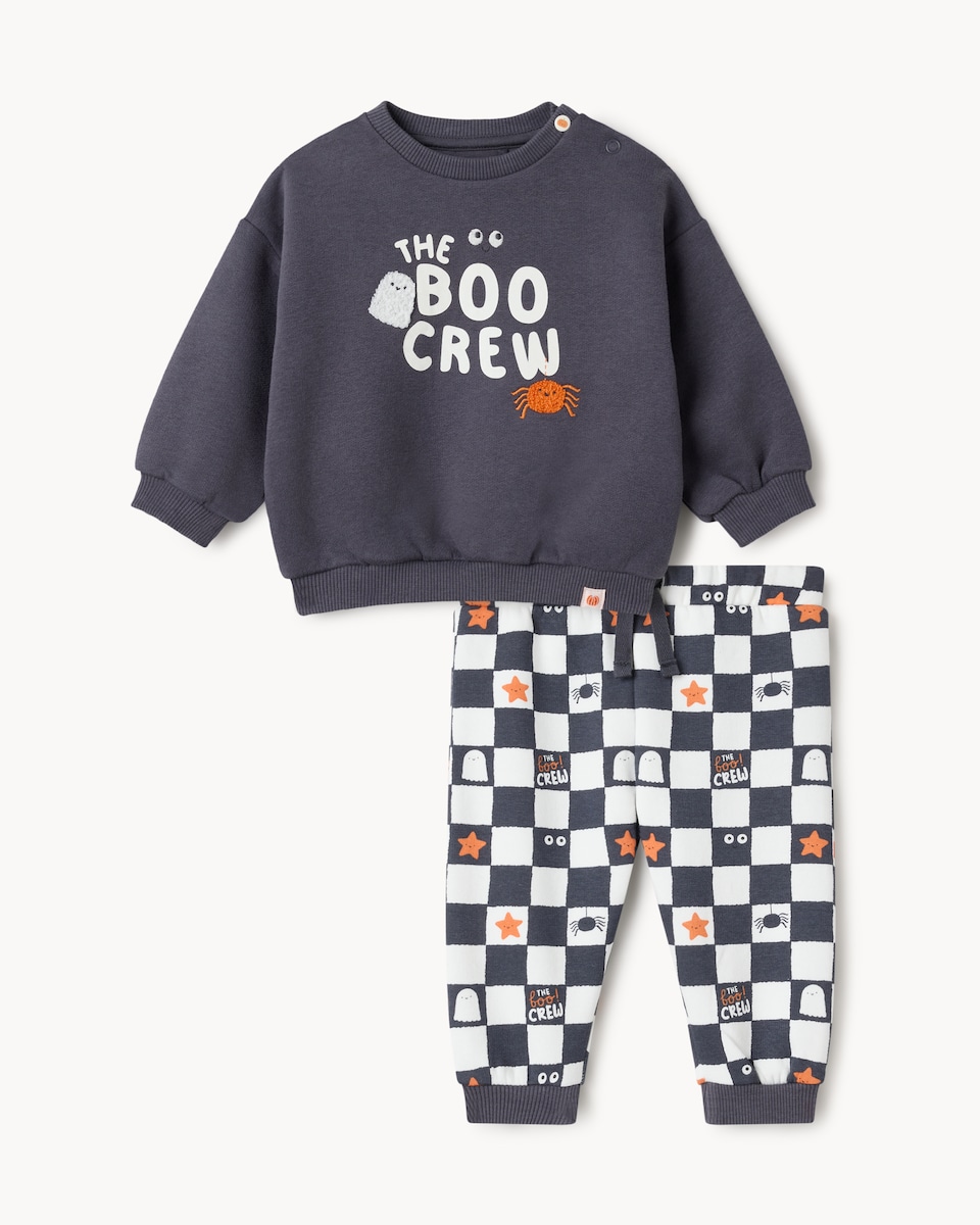 image 1 of F&F Baby Cotton Rich Halloween Boo Crew Sweatshirt and Joggers Set in Grey