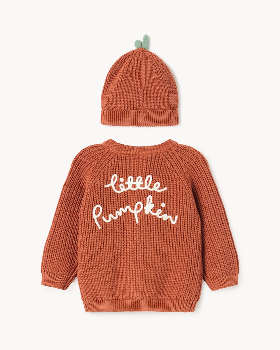 image 1 of F&F Baby Pure Cotton Halloween Pumpkin Cardigan and Hat Set in Orange