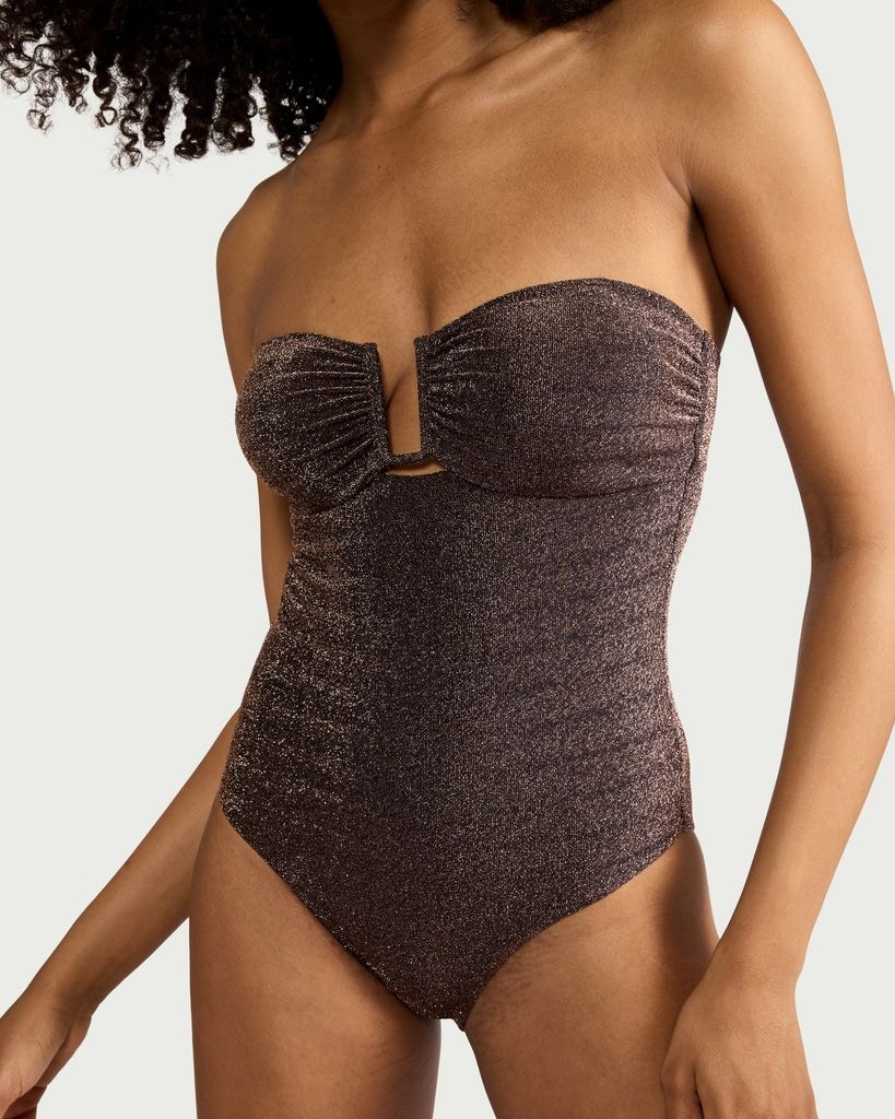 F&F Metallic Cut Out Halterneck Bandeau Swimsuit in Chocolate