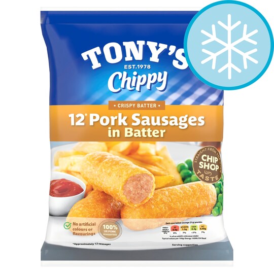 Tony's Chippy 12 Pork Sausages In Batter 460G Tesco Groceries