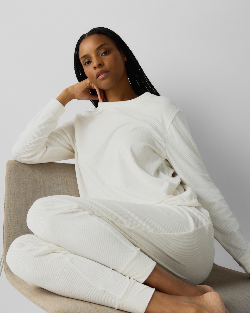 image 1 of F&F Brushed Ribbed Printed Pyjama Set in Cream