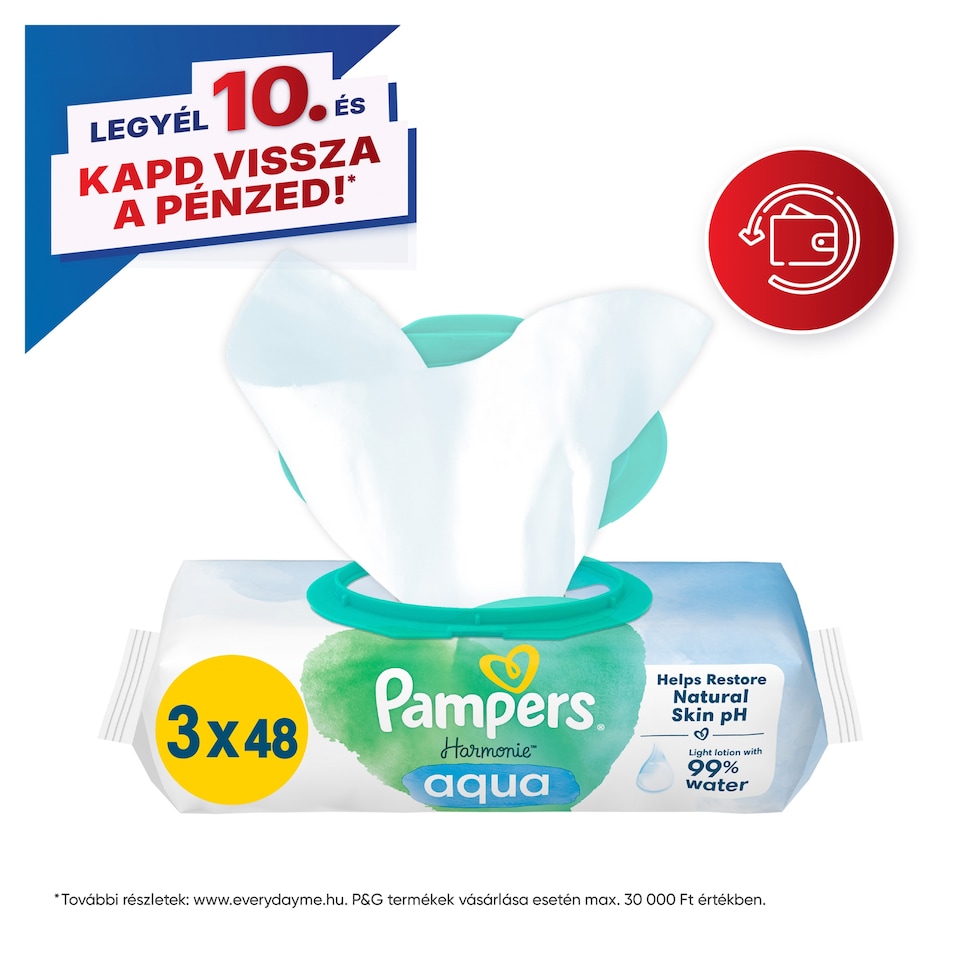 Pampers Harmonie Aqua Nedves Törlőkendő, 3 Csomag = 144 db Törlőkendő 1. kép