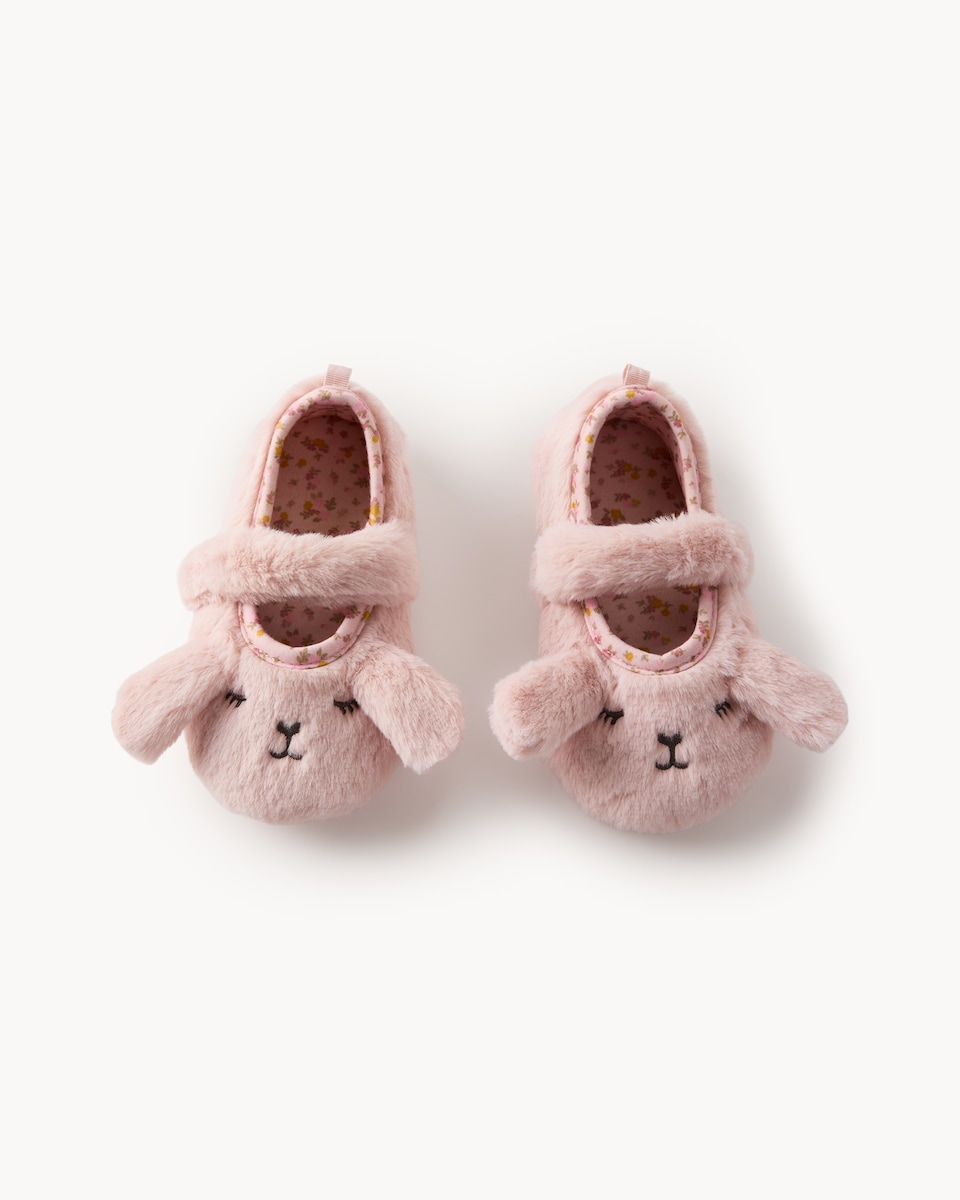 image 1 of F&F Girls Faux Fur Bunny Mary Jane Slippers in Pink