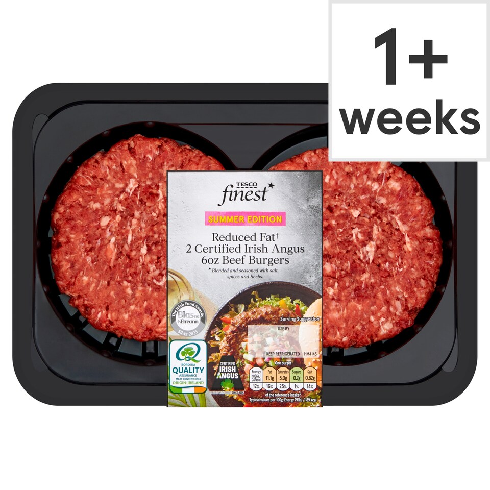 Tesco Finest Reduced Fat Irish Angus 6Oz Beef Burgers 340G