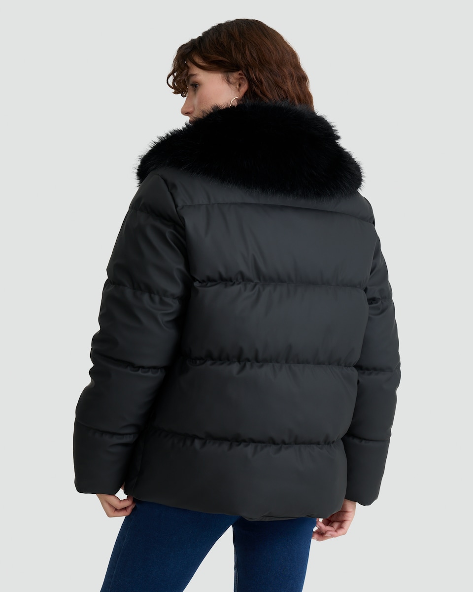 image 1 of F&F Faux Fur Collar Shower Resistant Puffer Jacket in Black