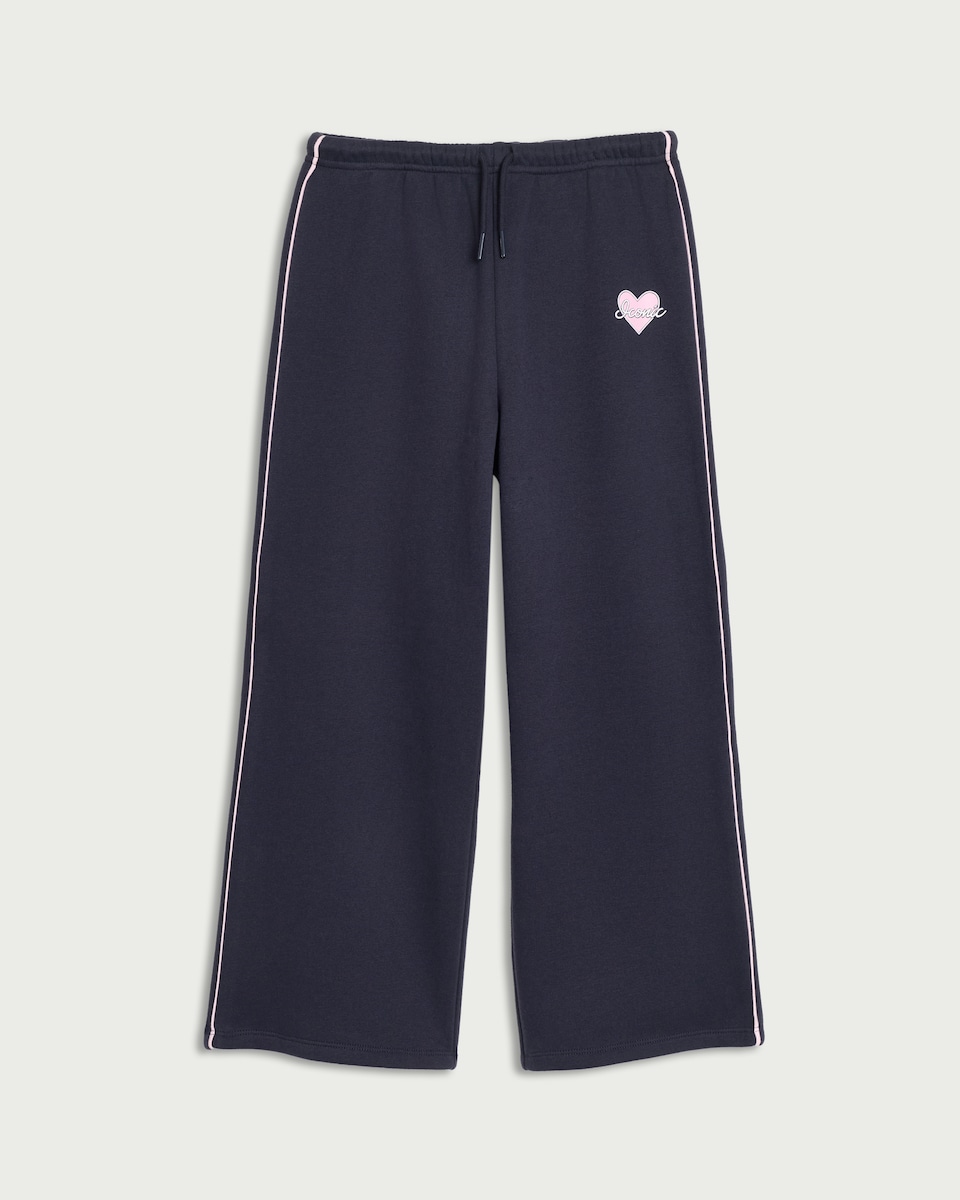 image 1 of F&F Girls Cotton Rich Side Stripe Wide Leg Joggers in Navy