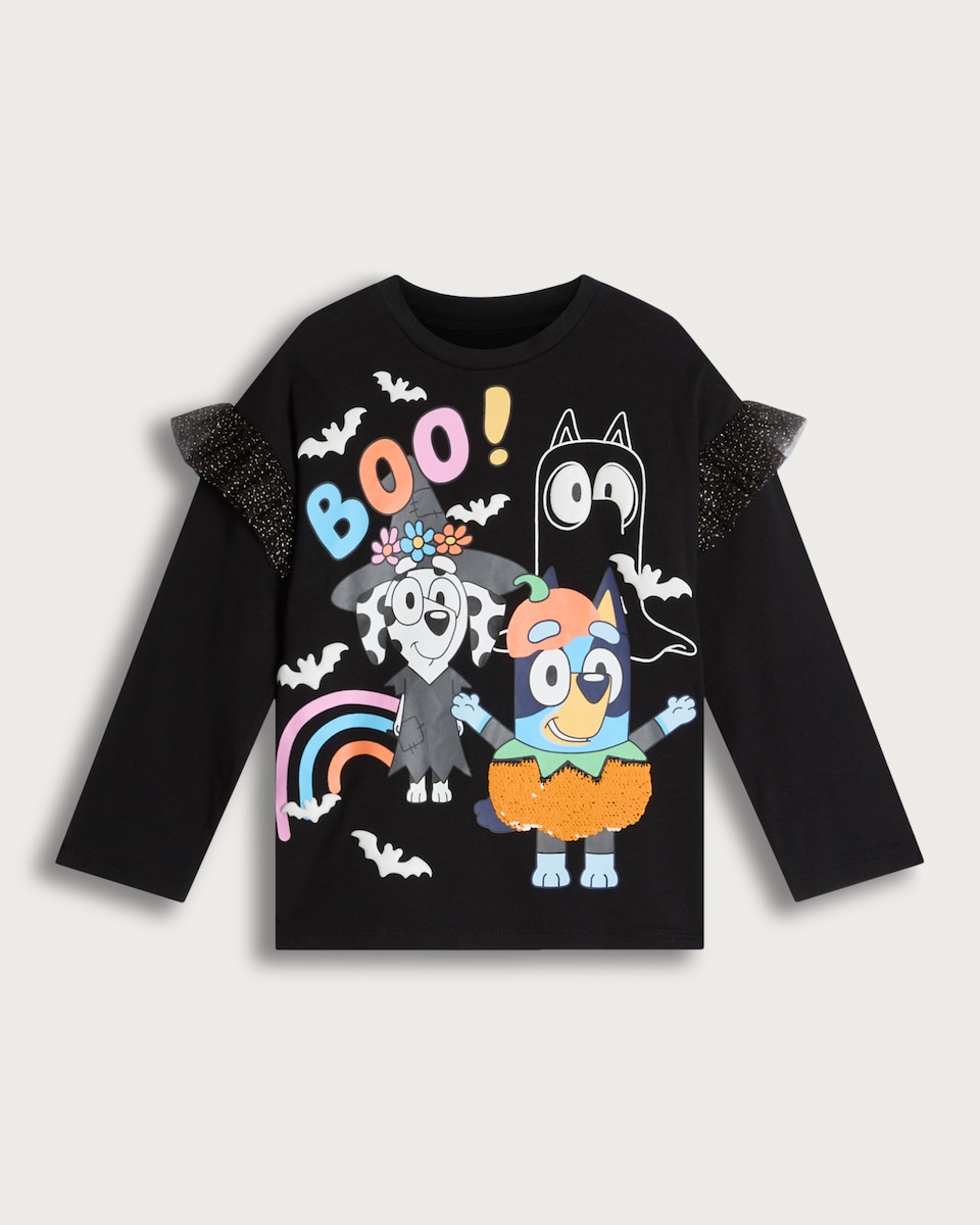 Bluey Halloween Ruffle Sleeve T-Shirt in Black