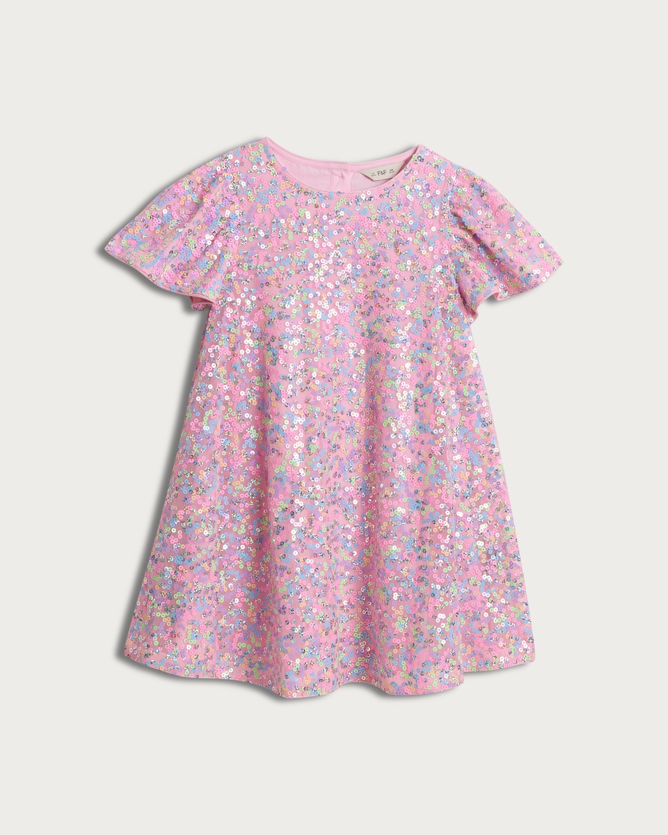 image 1 of F&F Girls Sequin Embellished Short Sleeved Dress in Multi