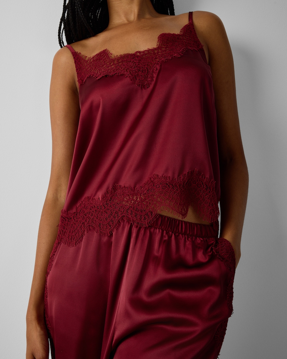image 1 of F&F Satin Lace Trim Pyjama Set in Red