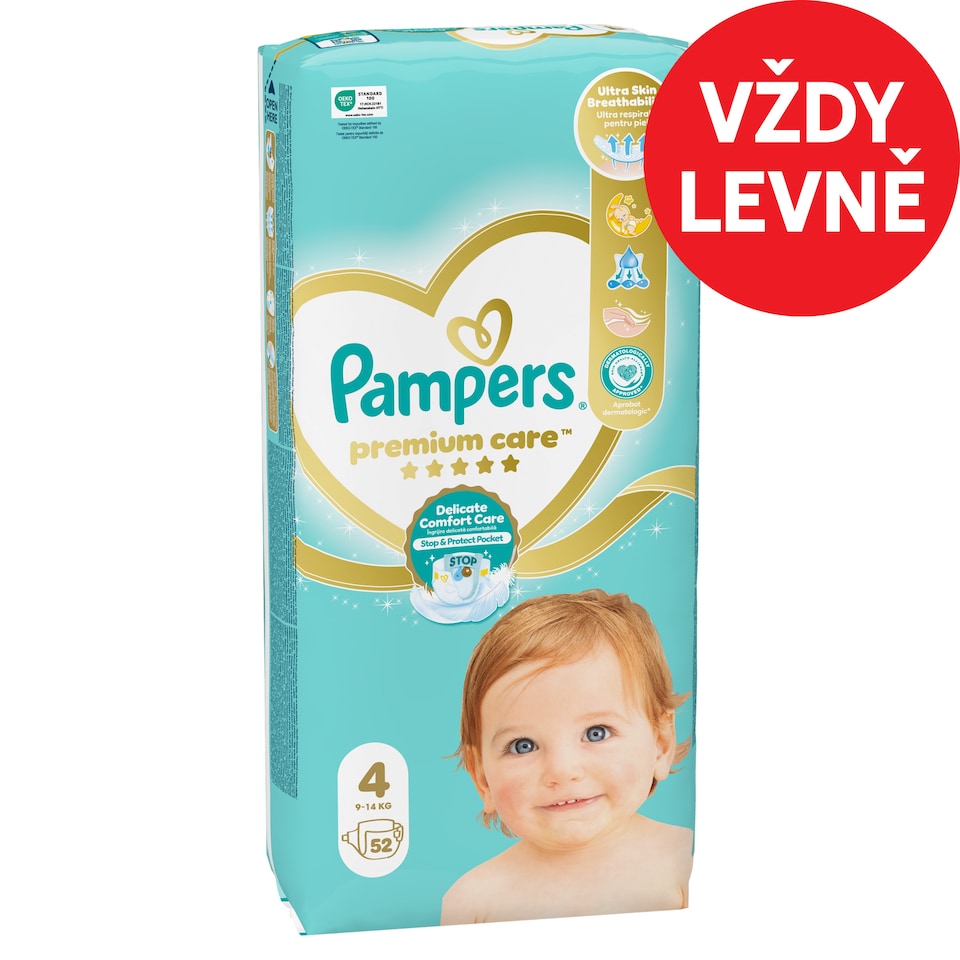 Obrázek 1 pro produkt Pampers Premium Care Velikost 4, 52 Dětské Plenky, 9kg-14kg