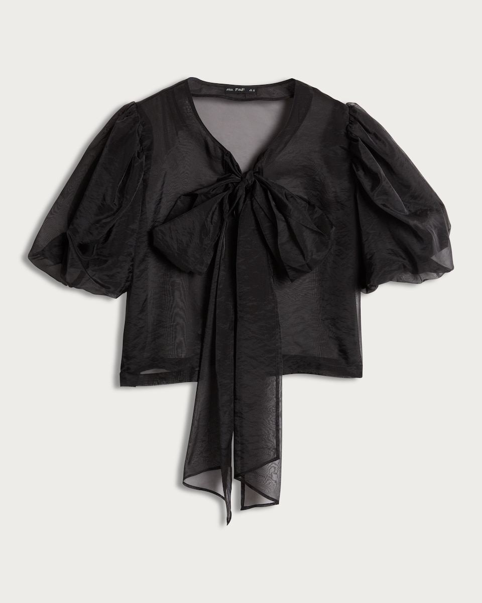 image 1 of The F&F Edit Organza Puff Sleeved Bow Accent Blouse in Black