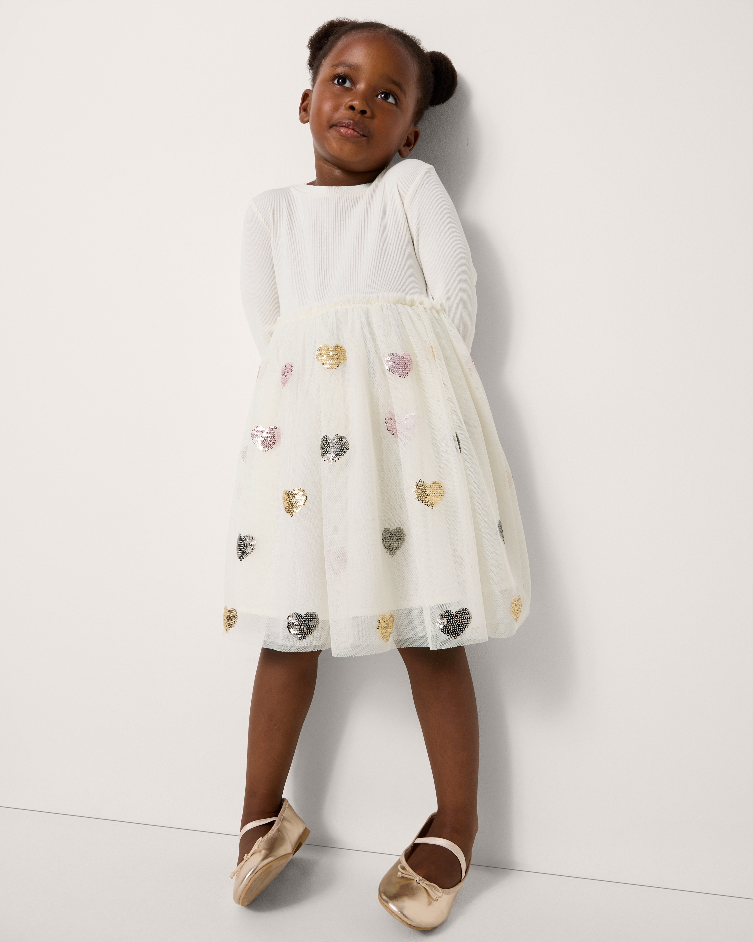 F&F Girls Heart Sequin Embellished Dress in Cream