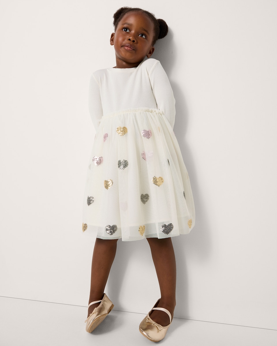 image 1 of F&F Girls Heart Sequin Embellished Dress in Cream