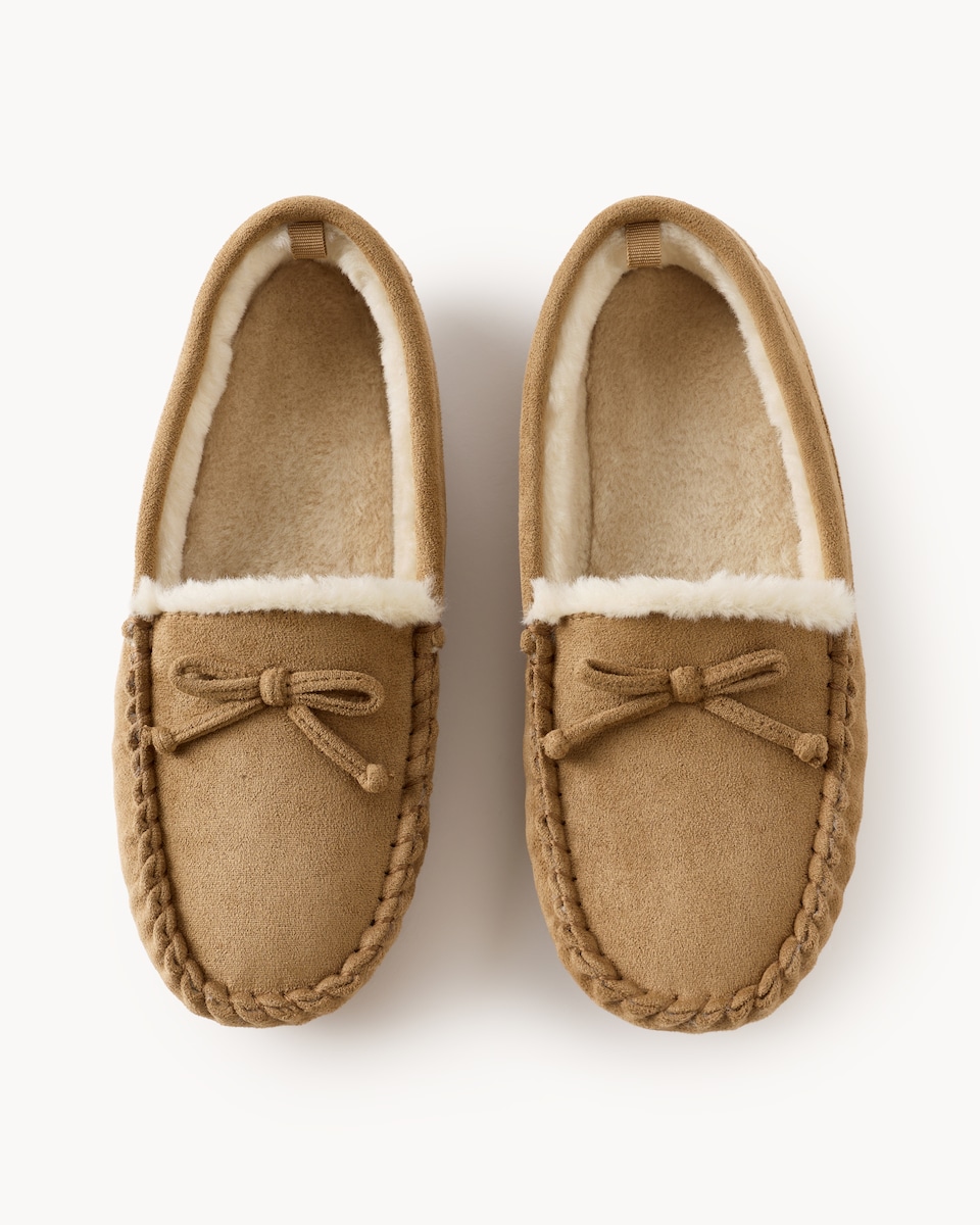 image 1 of F&F Faux Suede Moccasin Slippers in Neutral
