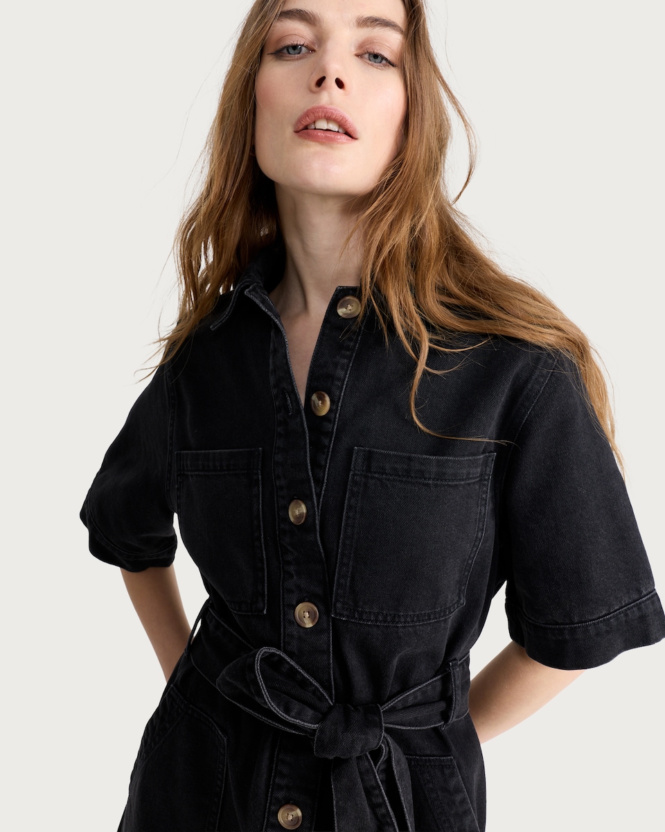 image 1 of F&F Pure Cotton Button Front Short Sleeved Denim Shirt Dress in Black